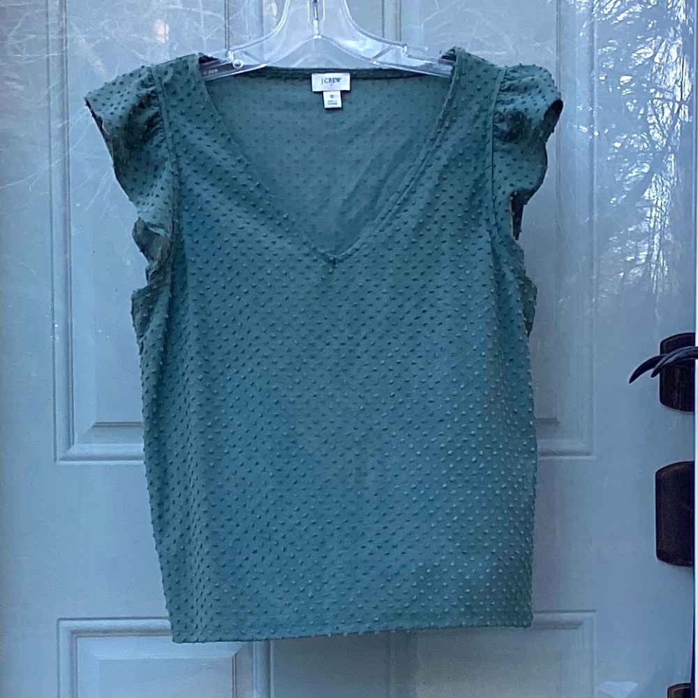 J CREW ruffled sleeve shirt, sage green, v-neck, size S